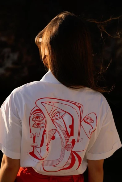 Kadın Soyut Baskılı Kısa Kollu Gömlek FRN6003 - 7