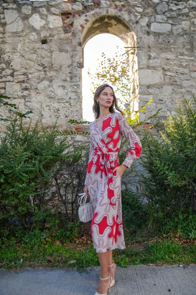 Kadın Desenli Kruvaze Midi Elbise FRN3112 - 3