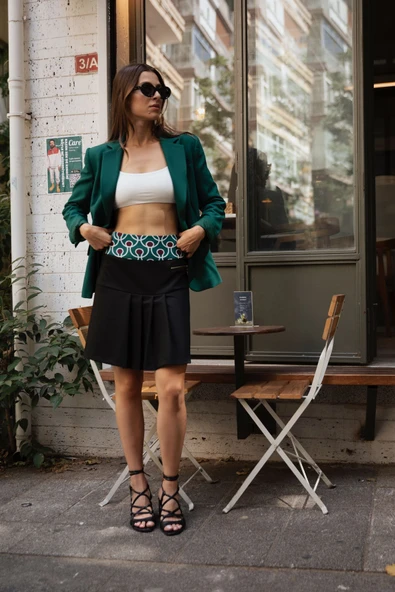 Kadın Fermuar Detaylı Beli Desenli Pileli Etek FRN4052