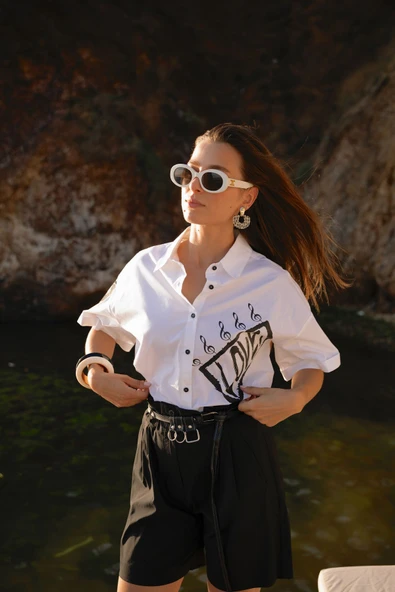 Kadın Kısa Kollu Baskı Detaylı Gömlek FRN6005 - 5