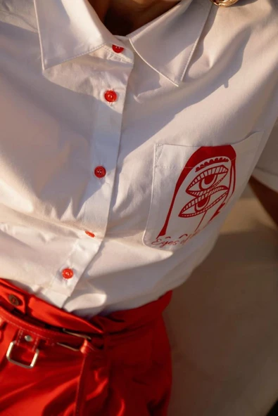 Kadın Soyut Baskılı Kısa Kollu Gömlek FRN6003 - 9