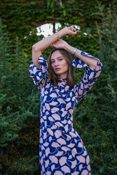 Kadın Geometrik Desenli Bağlamalı Viskoz Elbise FRN3118