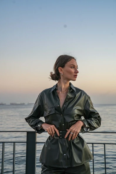 Kadın Suni Deri Gömlek Ceket Yeşil FRN6108 - 4