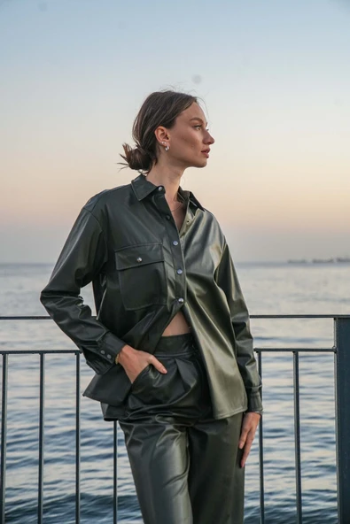 Kadın Suni Deri Gömlek Ceket Yeşil FRN6108