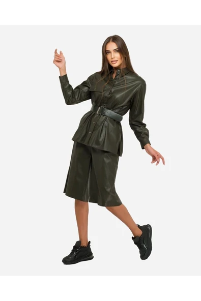 Kadın Suni Deri Gömlek Ceket Yeşil FRN6108 - 5