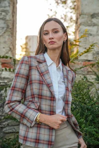 Kadın Ekose Desenli Blazer Ceket FRN6107