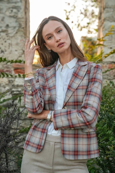 Kadın Ekose Desenli Blazer Ceket FRN6107 - 4