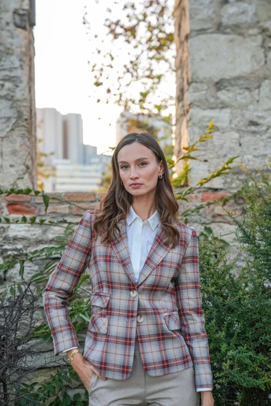 Kadın Ekose Desenli Blazer Ceket FRN6107 - 2