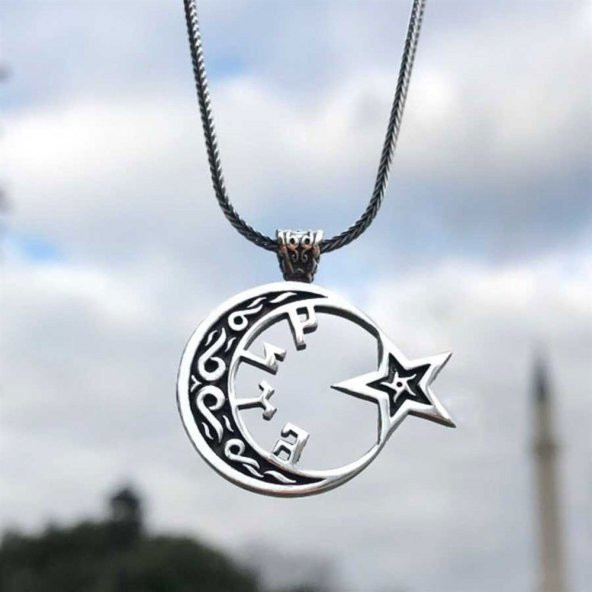 Göktürkçe Türk Yazılı Ayyıldız Gümüş Erkek Kolye