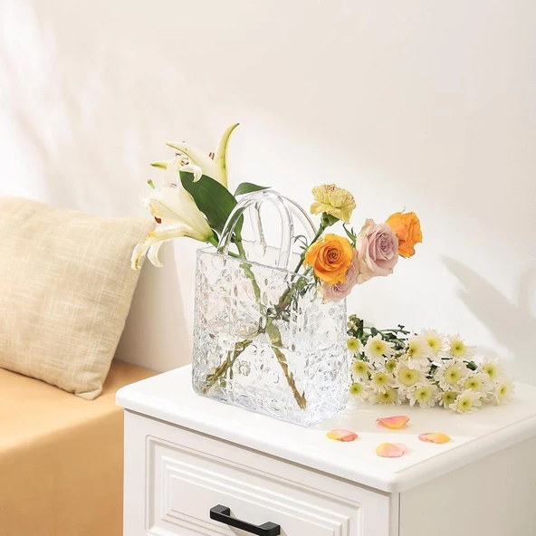 Nettenevime Çanta Vazo Köşeli Model Cam Çiçek Vazosu Dekoratif Şeffaf Vazo Büyük Boy Glass Bag Vase - 7