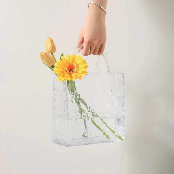 Nettenevime Çanta Vazo Köşeli Model Cam Çiçek Vazosu Dekoratif Şeffaf Vazo Büyük Boy Glass Bag Vase - 2