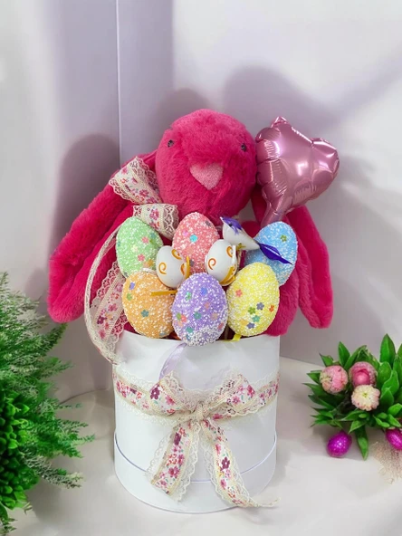 SOLE Premium Paskalya Temalı 45 cm Fuşya Bunny Tavşan Hediye Kutusu - Dekoratif Yumurta ve Kalp Balon Detaylı - 3