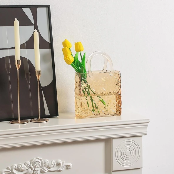 Çanta Vazo Köşeli Model Cam Çiçek Vazosu Dekoratif Bal Amber Vazo Büyük Boy Glass Bag Vase - 5