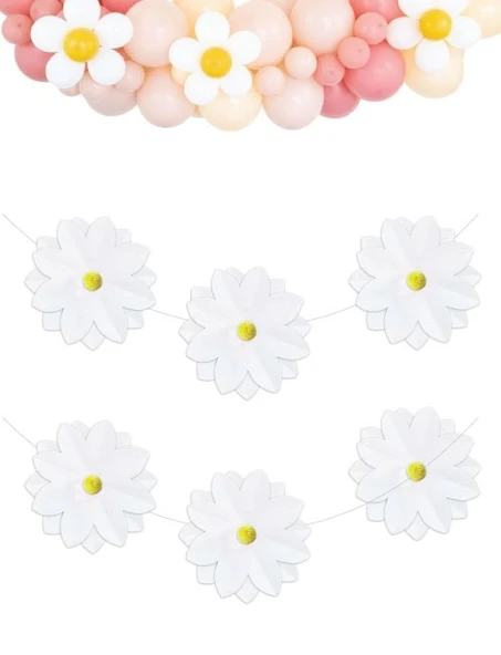 Papatya Ponpon Temalı Kağıt Beyaz Banner 6 Parça