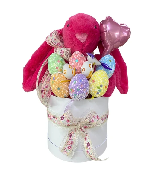 SOLE Premium Paskalya Temalı 45 cm Fuşya Bunny Tavşan Hediye Kutusu - Dekoratif Yumurta ve Kalp Balon Detaylı - 4