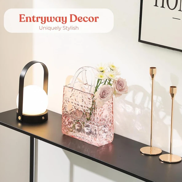Çanta Vazo Köşeli Model Cam Çiçek Vazosu Dekoratif Pembe Vazo Büyük Boy Glass Bag Vase - 8