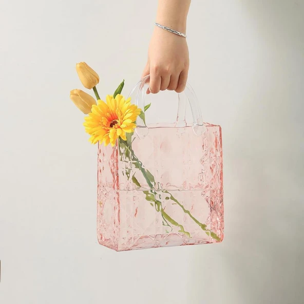 Çanta Vazo Köşeli Model Cam Çiçek Vazosu Dekoratif Pembe Vazo Büyük Boy Glass Bag Vase - 2