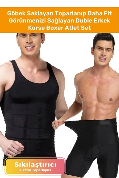 Özel Üretim Fit Görünüm Sağlayan Inceltici Rahat Atlet Ve Boxer Inceltici Erkek Korse 2'li Set