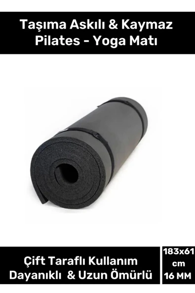 Dayanıklı Taşıma Askılı Konfor Modeli Çift Taraflı Kaymaz Yoga Meditasyon Minderi 16mm Siyah Mat