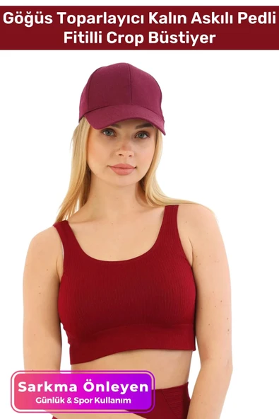 Premium Göğüs Toparlayıcı Sarkma Önleyen Spor Günlük Kalın Askılı Pedli Fitilli Crop Büstiyer
