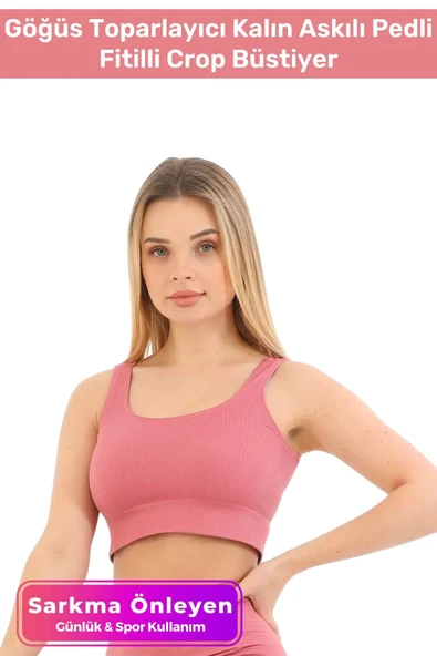 Premium Göğüs Toparlayıcı Sarkma Önleyen Spor Günlük Kalın Askılı Pedli Fitilli Crop Büstiyer