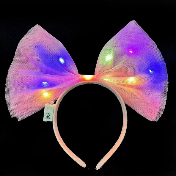 Rengarenk Led Işıklı Fiyonk Şekilli Tül Parti Tacı Pembe Renk 25x25 cm ürün görseli 1