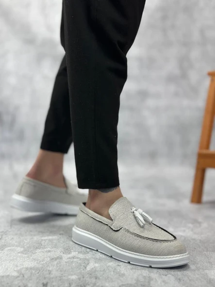 BA0005 Bağcıksız Yüksek Taban Klasik Yeni Keten Gri Püsküllü Erkek Ayakkabı - Resim 3