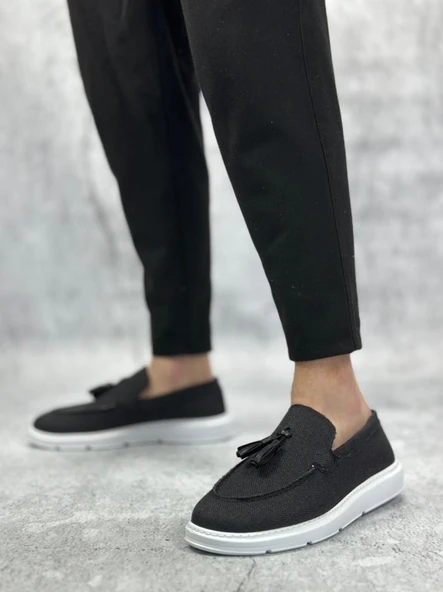 BA0005 Bağcıksız Yüksek Taban Klasik Keten Siyah Püsküllü Erkek Ayakkabı - Resim 2