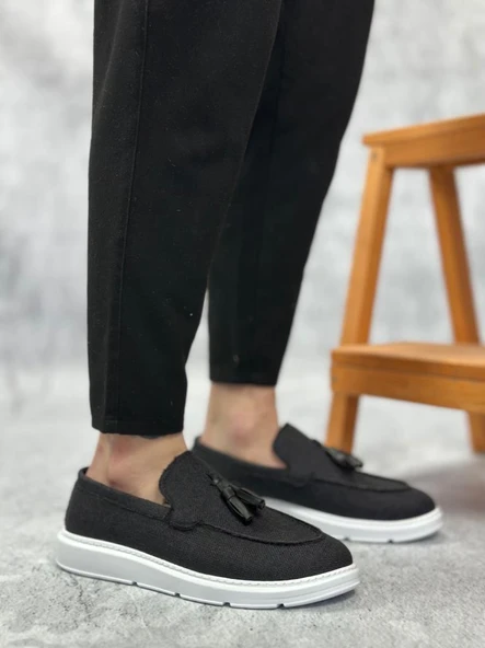 BA0005 Bağcıksız Yüksek Taban Klasik Keten Siyah Püsküllü Erkek Ayakkabı - Resim 3
