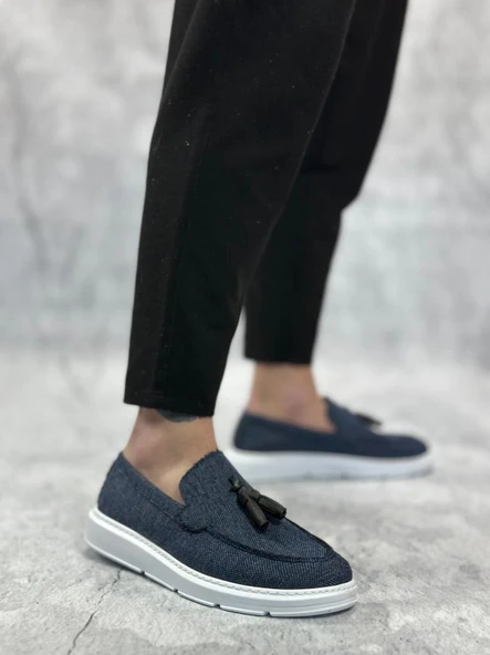 BA0005 Bağcıksız Yüksek Taban Klasik Keten Lacivert Püsküllü Erkek Ayakkabı - Resim 2