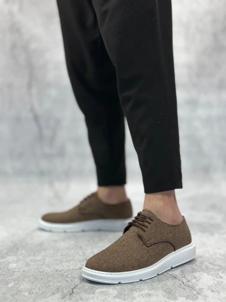 BA0003 Bağcıklı Klasik Spor Keten Kahverengi Beyaz Taban Casual Erkek Ayakkabı - Resim 2