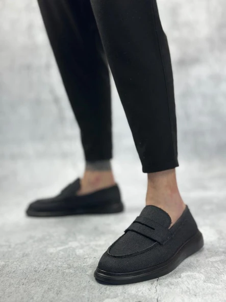 BA0355 Bağcıksız Keten Siyah Taban Klasik Corcik Erkek Ayakkabı - Resim 3