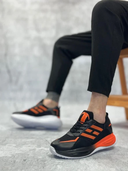BA0650 Tarz Sneakers Yüksek Taban Siyah Turuncu Spor Ayakkabısı