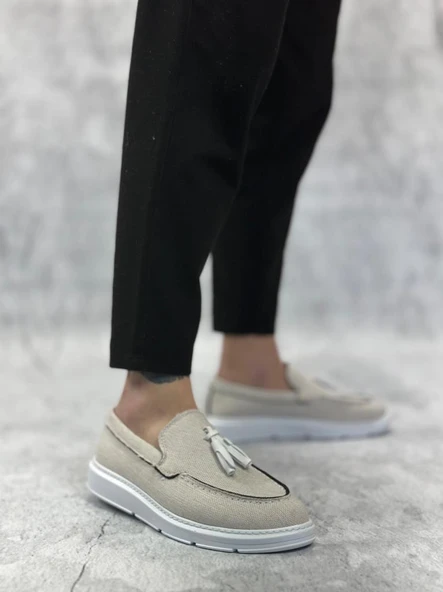 BA0005 Bağcıksız Yüksek Taban Klasik Keten Beyaz Püsküllü Erkek Ayakkabı - Resim 2