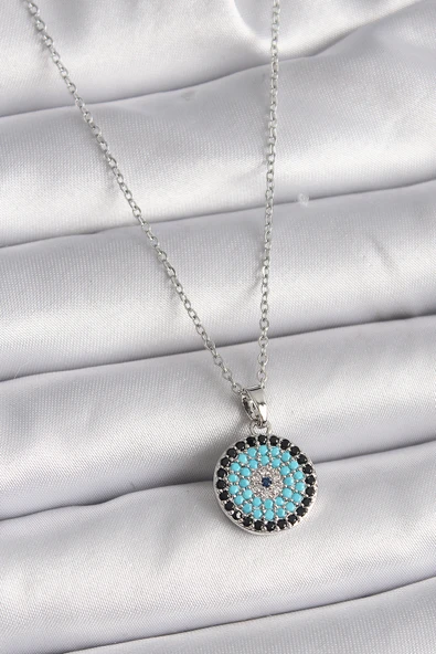 316L Çelik Gümüş Renk Zincir Nazar Boncuk Madalyon Model Kadın Kolye - TJ-BKO9485 ürün görseli