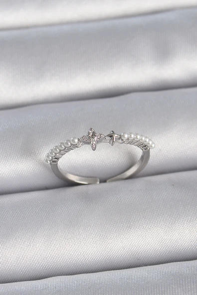 Pirinç Gümüş Renk Zirkon Taşlı Sıralı İnci Ayarlanabilir Model Kadın Yüzük - TJ-BYK3367 ürün görseli 1