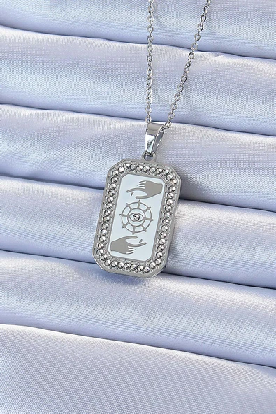 316L Çelik Zincir Gümüş Renk Mineli Zirkon Taşlı Göz Figür Tarot Kolye - TJ-BKO9216 ürün görseli