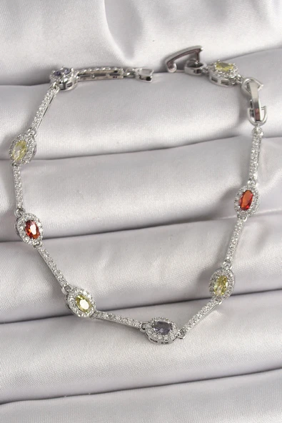 Pirinç Gümüş Renk Renkli Zirkon Taşlı Damla Taş Model Kadın Bileklik - TJ-BB6873