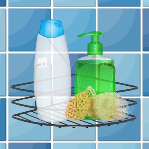 Kendiliğinden Yapışkanlı Montaj Gerektirmeyen Tek Katlı Banyo Askı Köşe Şampuanlık Siyah - 4