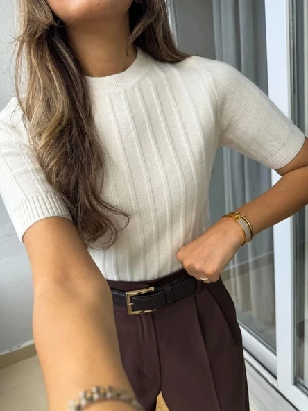 Fitilli Kısa Kol Kazak - Krem - 3