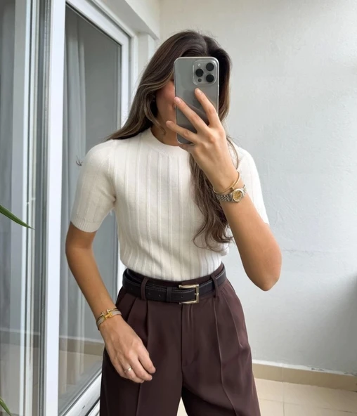 Fitilli Kısa Kol Kazak - Krem