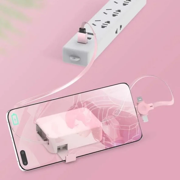 Cep Tipi Telefon Tutuculu Makaralı Uzayıp Kısalabilen 3'ü 1 Arada USB Şarj Kablosu - 4