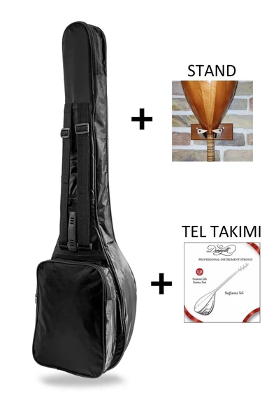 Profesyonel 10 MM PEDLİ Soft Case Uzun Sap Bağlama Saz Kılıfı Siyah + Tel Takımı + Duvar Askı standı ürün görseli