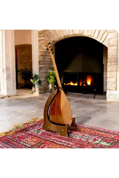 Dekoratif Özel Tasarım - Ahşap Bağlama Standı Saz Stant Tezene Mızrap Cepli Deri Kemer - 8