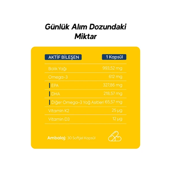 Balık Yağı Içeren Omega-3 D3 & K2 Vitamin 30 Tablet Takviye Edici Gıda - Resim 5