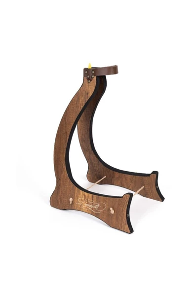 Dekoratif Özel Tasarım - Ahşap Bağlama Standı Saz Stant Tezene Mızrap Cepli Deri Kemer - 6