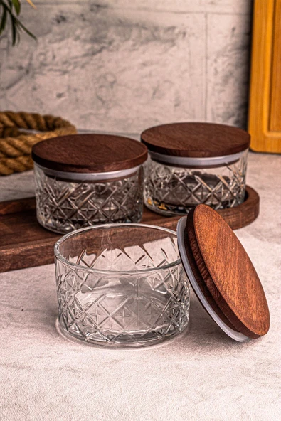 Snippy Milla 4 Parça Tepsili Ahşap Vakumlu Kapaklı Cam Kahvaltılık Çok Amaçlı Cam Çerezlik 230 ml - 3