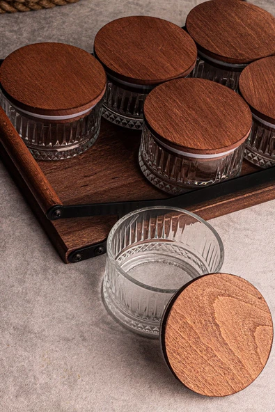 Snippy Grade Bella Yuvarlak 10'lu Ahşap Vakumlu Kapaklı Tepsili Cam Kahvaltılık Cam Çerezlik 235 ml - Resim 6