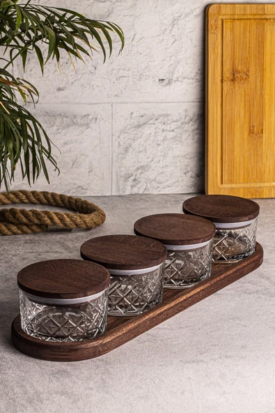 Snippy Milla 5 Parça Tepsili Ahşap Vakumlu Kapaklı Cam Kahvaltılık Çok Amaçlı Cam Çerezlik 230ml - Resim 6