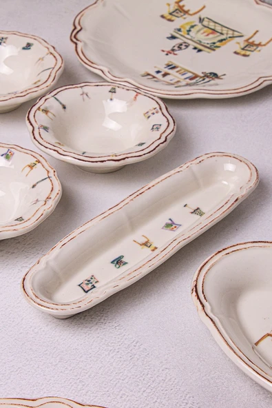 Snippy Family-14 Parça Porselen Kenarları Silik Vintage Tuval Model Kahvaltı Takımı 6 Kişilik Kahvaltı Seti - 5